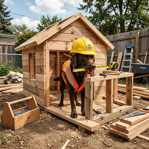 Playful Brown Labrador Retriever Building Classic House