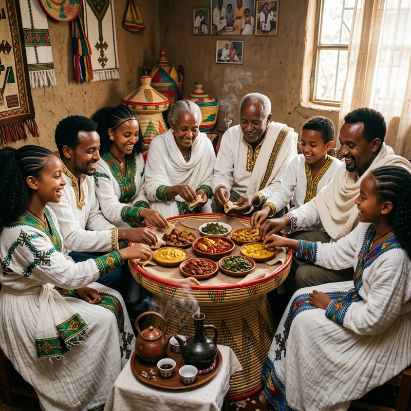 Ethiopian Family Feasting in Traditional Attire Ethiopian Family Feasting in Traditional Attire
