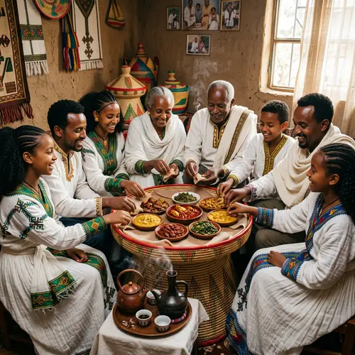 Ethiopian Family Feasting in Traditional Attire