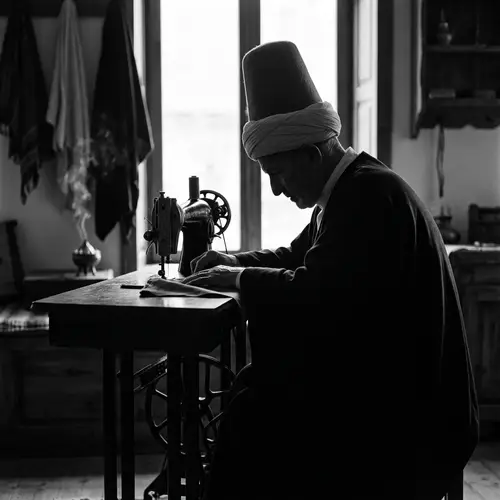 Silhouette of Elderly Dervish Sewing with Traditional Machine