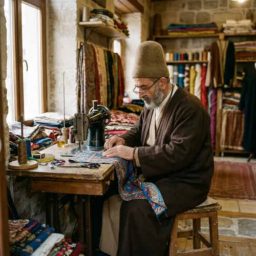 Mature Middle-Eastern Dervish Sewing - Traditional Craftsmanship