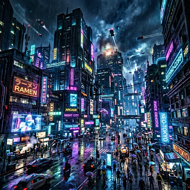 Futuristic Cyberpunk Night Cityscape with Neon Lights