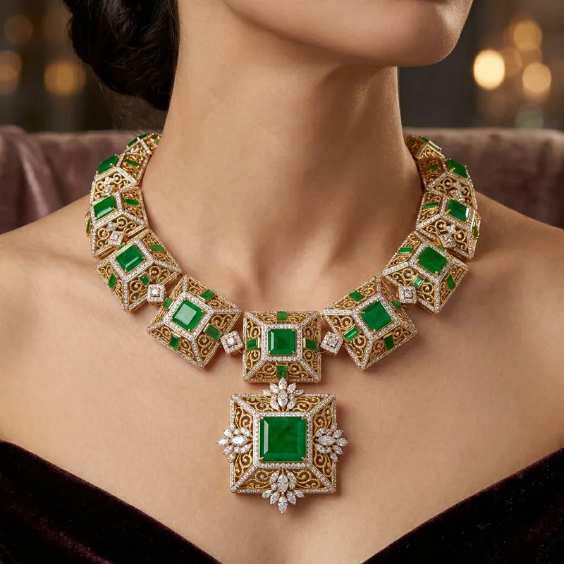 Luxurious Diamond and Jade Necklace with Cubic Filigree