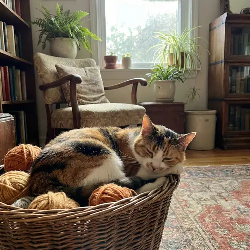 Beautiful House Cat Nestled in Woolen Yarn Basket