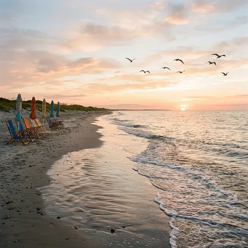 Tranquil Beach Morning: Sunrise, Seagulls & Colorful Chairs