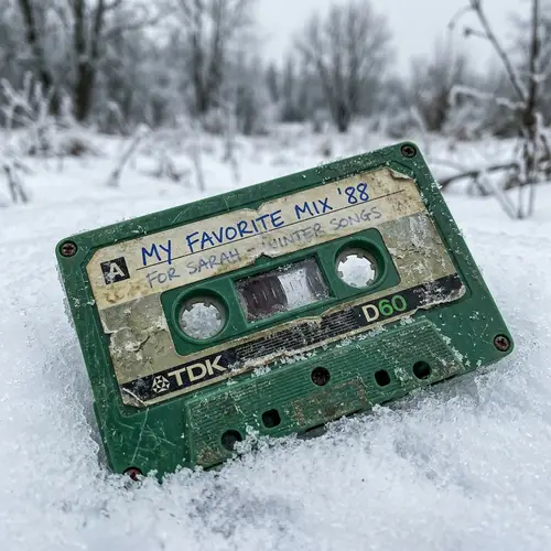 Melancholic Green Cassette in Snow - Nostalgic Photorealistic Image