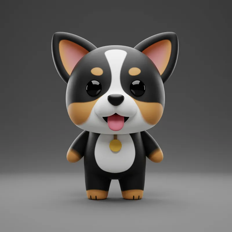 Cute 3D Mascot Dog in Black, Tan & White