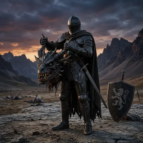 Black Iron Knight Defeating Monster - Symbol of Courage