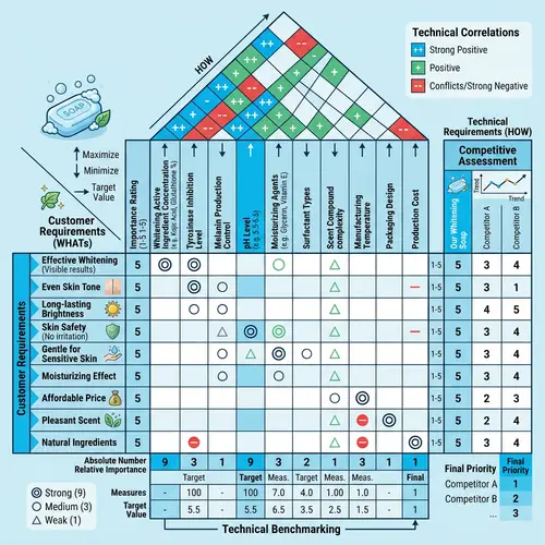 Whitening Soap QFD Matrix: Customer & Technical Requirements