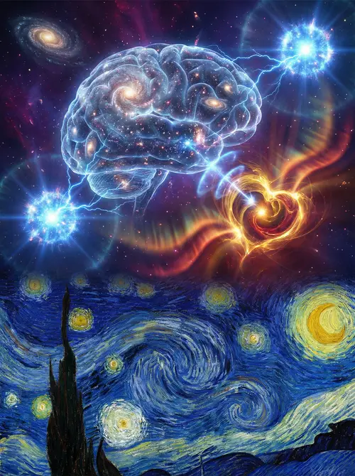 Cosmic Brain: A Starry Night Landscape Inspired by Van Gogh