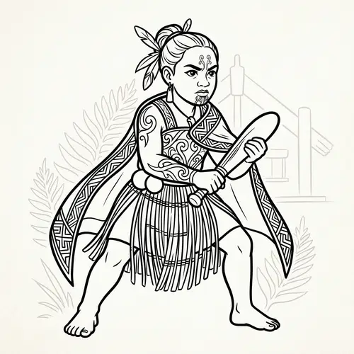 Young Maori Warrior Girl: Resilience and Strength in Monochrome Outline