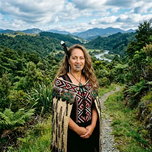 Serene Maori Woman in Vibrant Green Landscape | Distinct Maori Attire