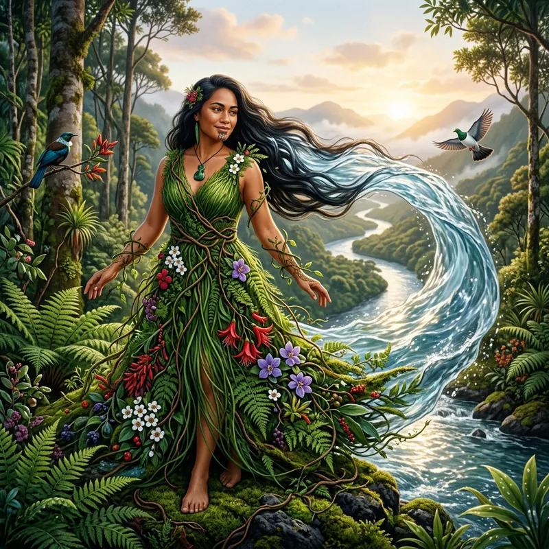 Papatuanuku - Earth Mother with River Hair and Native Flora Dress