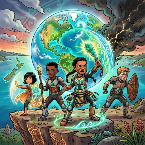 Diverse Children in Futuristic Maori Costumes Defend Earth | Superhero Art