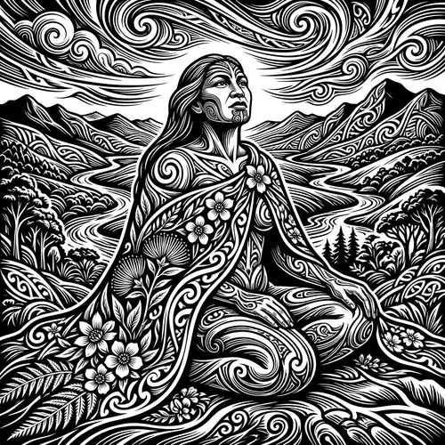 Maori Art Inspired Black and White Illustration of Earth Mother Papatuanuku