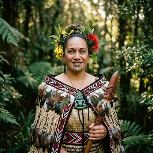 Maori Woman Portrait in Traditional Attire with Native Flowers - Fine Art Photography