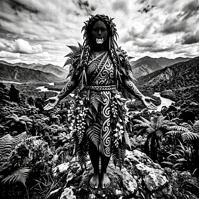 Powerful and Serene Earth Mother: Maori Art Inspired Full-Body Scene Powerful and Serene Earth Mother: Maori Art Inspired Full-Body Scene