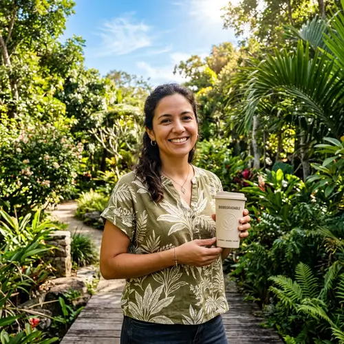 Satisfied Hispanic Woman with Biodegradable Plastic in Green Nature
