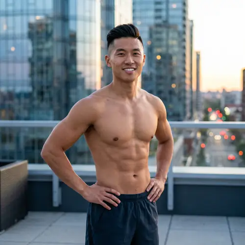Toned Asian Man: Fashionable, Confident, Athletic | Urban Setting