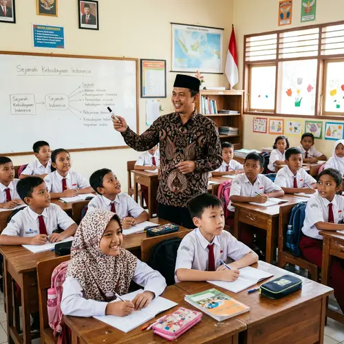 Male Indonesian Teacher in Traditional Attire Teaching in Classroom