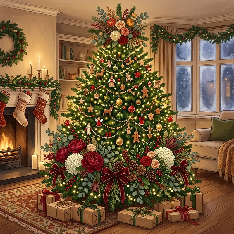 Lush Green Christmas Tree with Floral Ornaments and Flower Crown Lush Green Christmas Tree with Floral Ornaments and Flower Crown