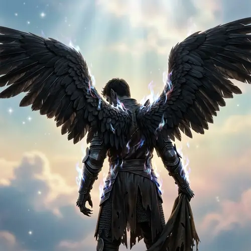 Male Possessive Demon with Black Feathered Wings - Ethereal Imagery