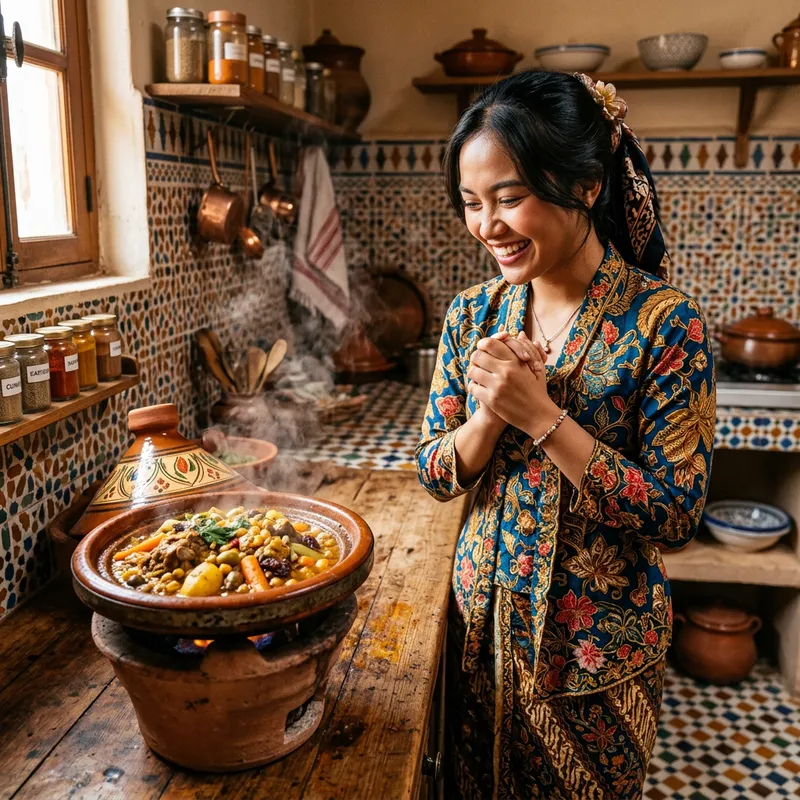 Indonesian Girl Admires Moroccan Tajine | Fusion Cuisine