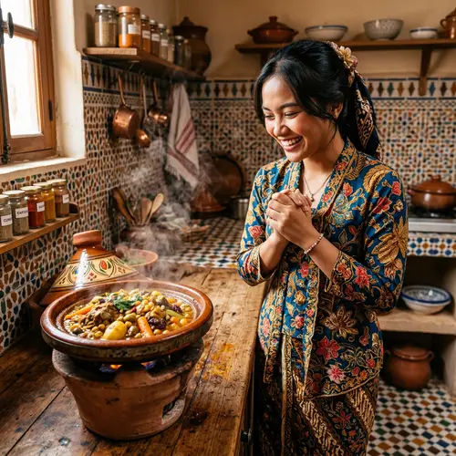 Indonesian Girl Admiring Moroccan Tajine | Cultural Fusion Cuisine