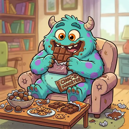 Cartoon Monster Devours Chocolate Delight