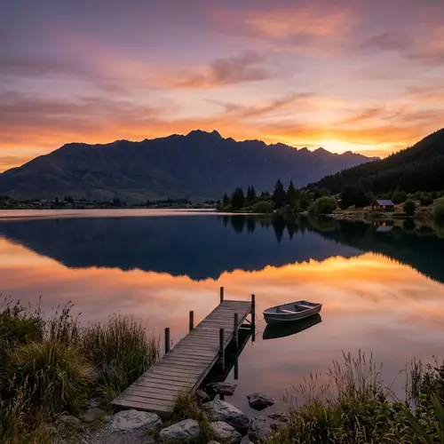 Serene Sunset Over a Calm Lake and Mountains
