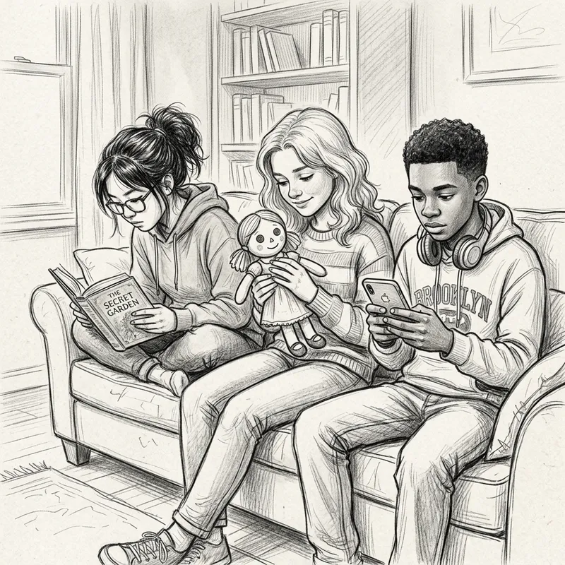 Pencil Sketch of Diverse Teenagers Engaged in Activities
