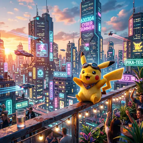 Pikachu in Cyberpunk Summer Scene