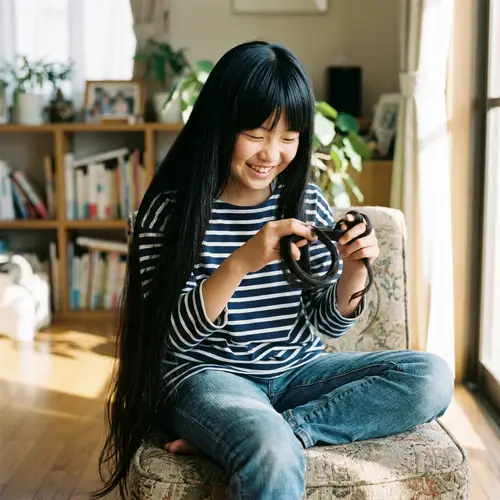 Young Japanese Girl Playing with Long Jet-Black Hair