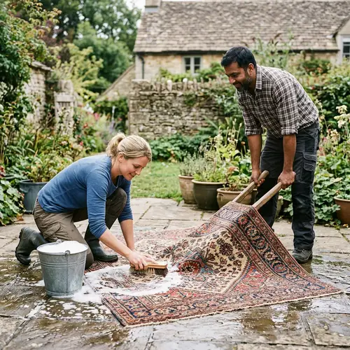 Cooperative Carpet Washing Scene: Woman and Man Working Together