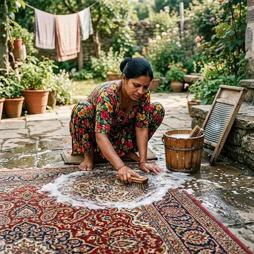 South Asian Woman Washing Large Patterned Carpet Outdoors