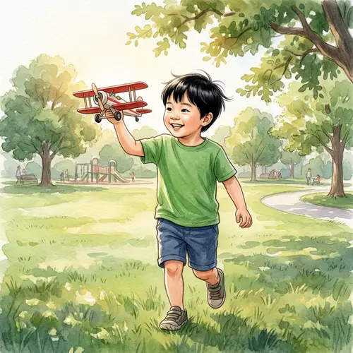Joyful Asian Boy Playing with Toy Plane in Sunlit Park