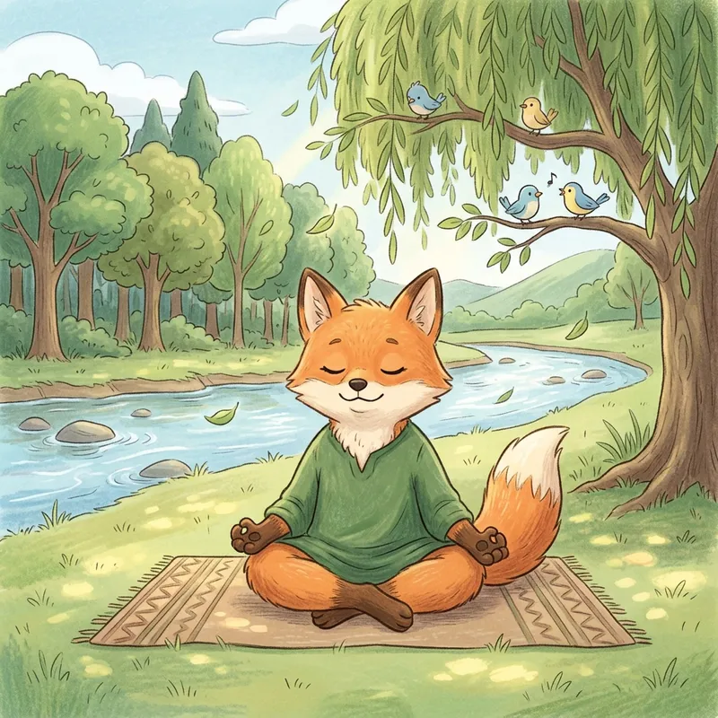 Cheeky Cartoon Yoga Character in Tranquil Nature | Mindful Meditation
