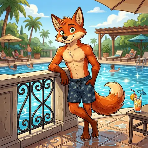 Male Fox Demi-Human by Pool | Modest Swimwear Cartoon Character