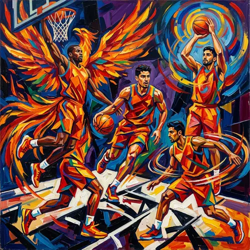 Fiery Phoenix Basketball Players in Abstract Modernistic Style