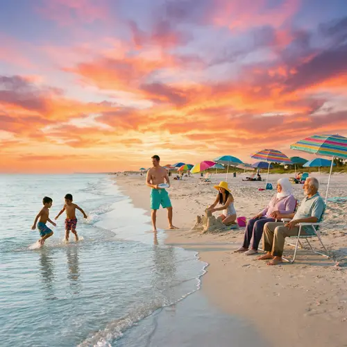 Tranquil Beach Scene with Colorful Umbrellas and Diverse Visitors