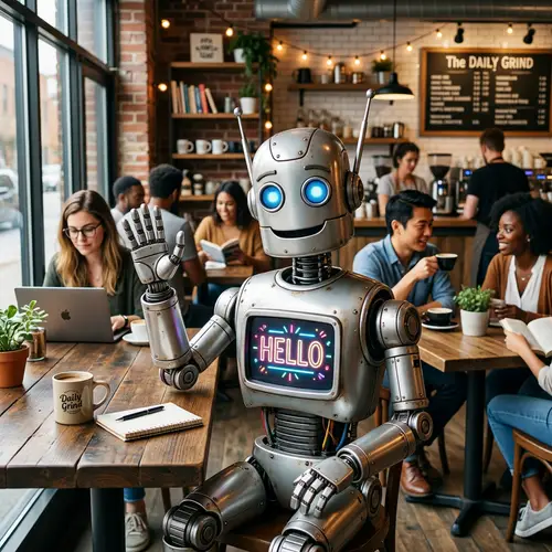 Friendly Animated Robot Greets Guests in Modern Coffee Shop