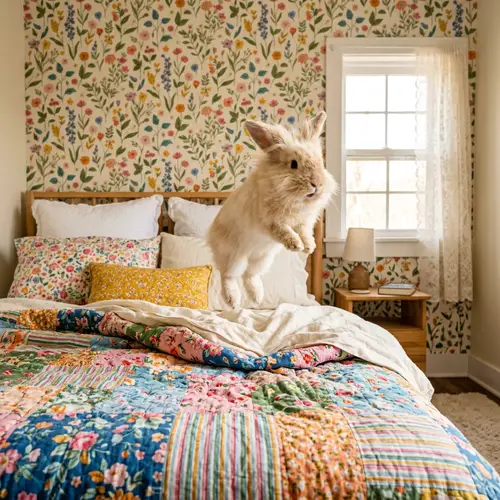 Cheerful Bunny Jumping on Comfy Bed