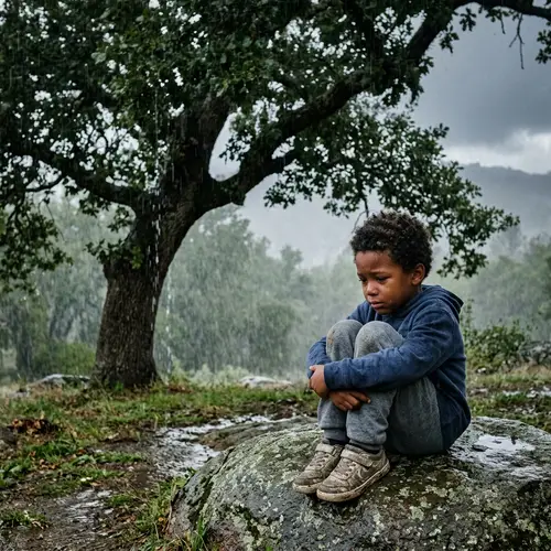 Emotional Black Boy in Rainy Nature Scene