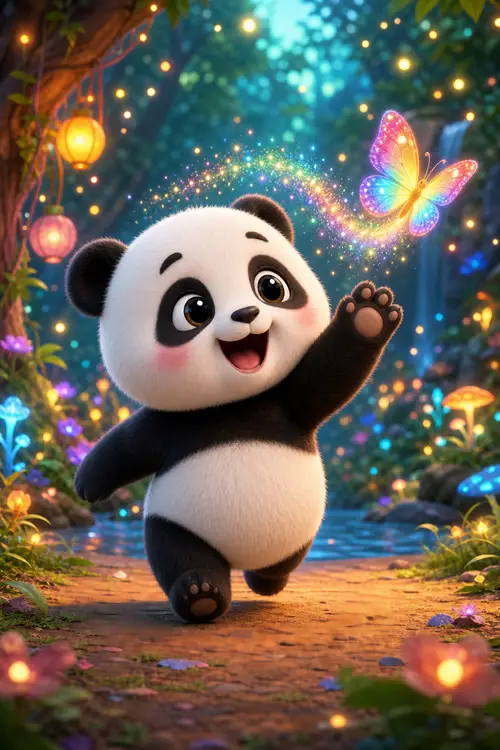 Cute 3D Baby Panda Chasing a Rainbow Butterfly
