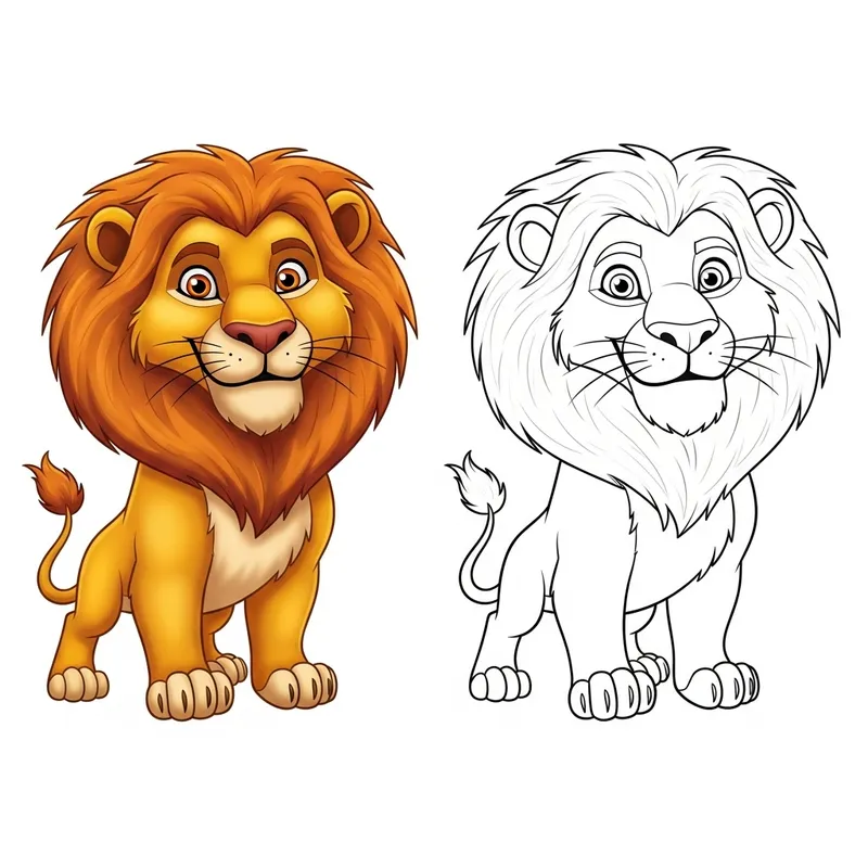 Colorful vs. Black and White Cartoon Lion Images Colorful vs. Black and White Cartoon Lion Images