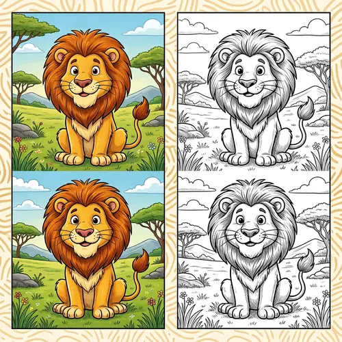 Colorful vs. Black and White Cartoon Lion Images