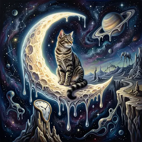 Surreal Cat on Moon Illustration | Dali Style Art