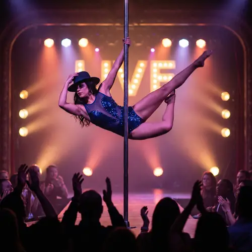 Hispanic Female Dancer in Stylish Hat Performing on Pole