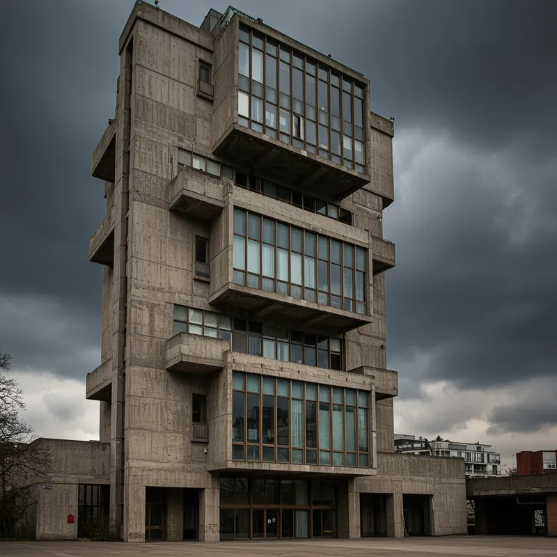 Brutalist Concrete and Glass Tower Design