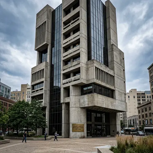 Brutalist Concrete and Glass Tower Design
